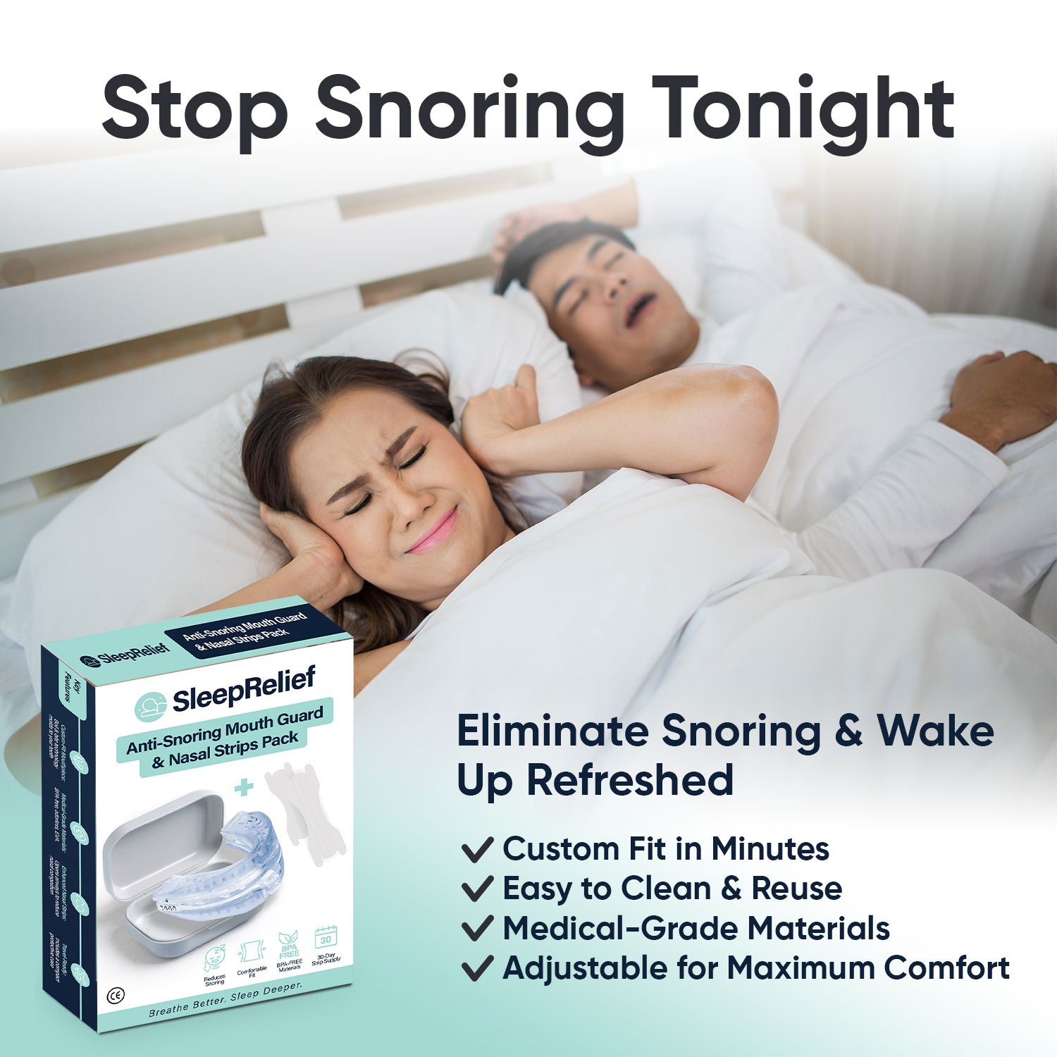 Anti Snore Mouth Guard + 30 Days Supply Of Nasal Strips - SleepRelief