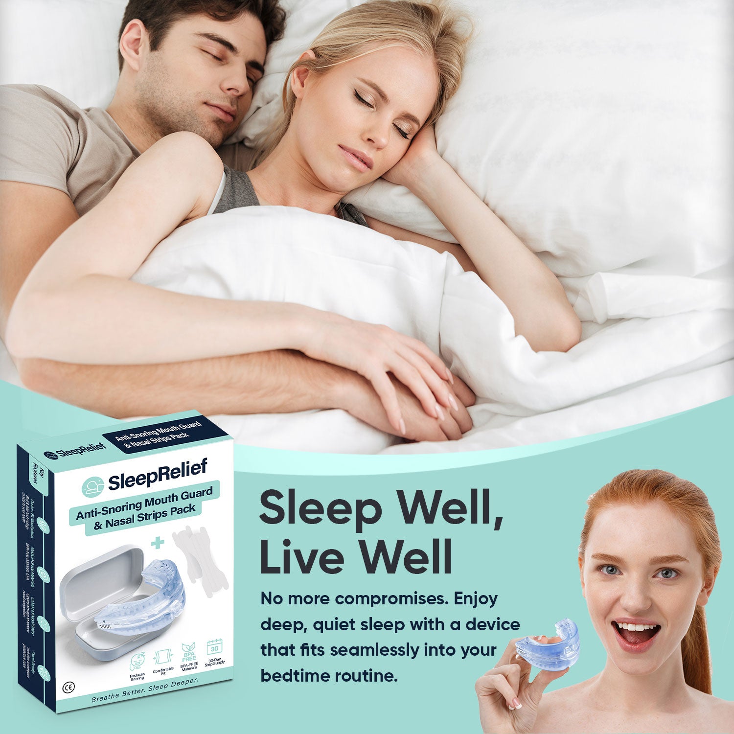 Anti Snore Mouth Guard + 30 Days Supply Of Nasal Strips - SleepRelief